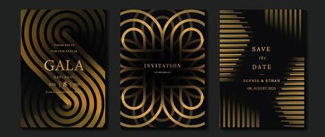 Luxury invitation card background vector. Golden elegant geometric shape, gold lines gradient on dark background. Premium design illustration for gala card, grand opening, party invitation, wedding. vector