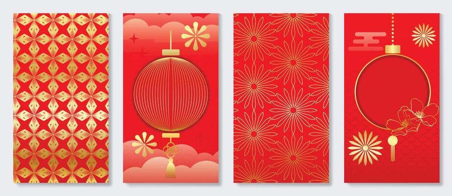 Chinese New Year cover background vector. Luxury background design with chinese pattern, flower, lantern cloud. Modern oriental illustration for cover, banner, website, social media.