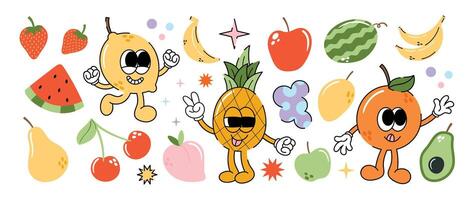 Set of fresh fruit groovy element vector. Funky fruits character design of banana, lemon, pineapple, orange, peach. Summer juicy illustration for branding, sticker, fabric, clipart, ads. vector