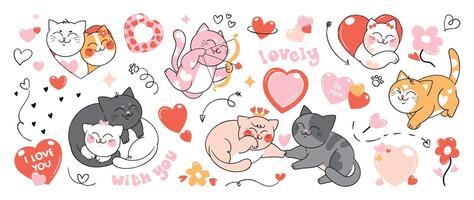 linda gatos en enamorado día encantador mascota vector. colección de gatos con pequeño corazón, flecha, flor. adorable animal caracteres para clipart, decoración, huellas dactilares, cubrir, saludo tarjeta, pegatina, bandera. vector