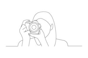 Girl holding camera continuous outline vector. Photographer taking photos with her camera continuous line drawing. vector