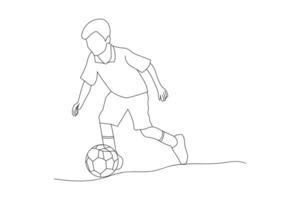 Boy playing football Continuous outline vector isolated on white background.