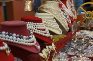 Close up of White Pearl Necklaces. photo