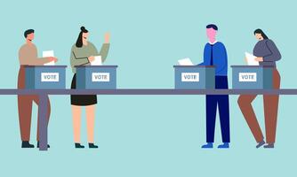 Polling place flat vector illustration. Voters persons casting ballots putting papers with vote into