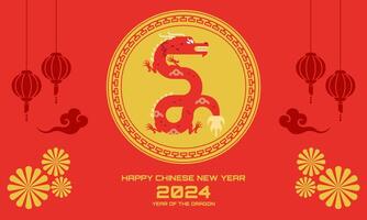 2024 Chinese new year, year of the dragon banner template design with dragons, clouds and flowers ba vector