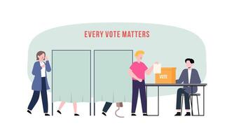 Polling place flat vector illustration. Voters persons casting ballots putting papers with vote into