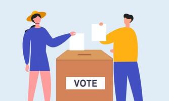 Polling place flat vector illustration. Voters persons casting ballots putting papers with vote into