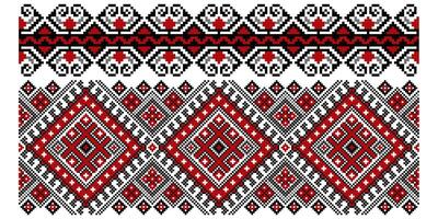 Set of editable colorful seamless ethnic Ukrainian traditional cross stitch patterns for embroidery stitch. Floral and geometric ornaments. Vector illustration