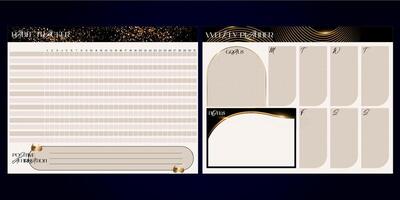 Bullet journal template luxury gold. Weekly planer. Habit tracker. Ready to print 8,5x11 in pages. Vector illustration