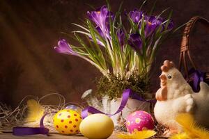 vintage Easter card, spring flowers on a wooden background photo