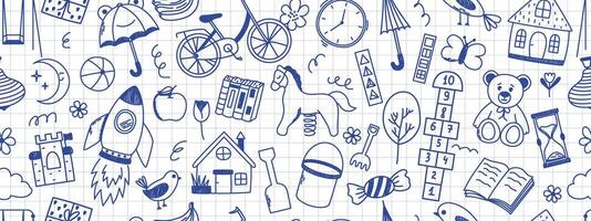 Seamless pattern with kindergarten doodle elements. Horse, hopscotch, toys, rocket, umbrella, house, book and other elements. Scribbled with chalk texture. vector