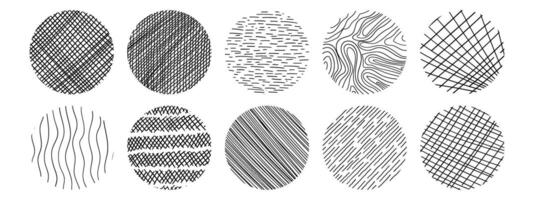 Line texture set with different hand drawn circle patterns. Vector scribble, horizontal and wave strokes collection.