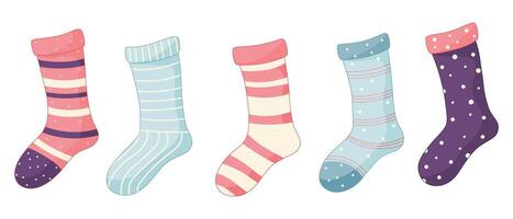 Set of socks with playful colors and intricate patterns. Vector illustrations.