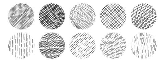 Set of textures with different hand drawn circle patterns. Vector scribble, horizontal and wave strokes collection.