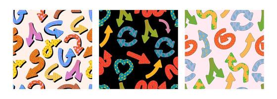 Naive playful arrows in trendy retro memphis style with vector texture. Direction indicators seamless pattern.