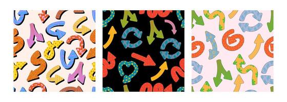 Naive playful arrows in trendy retro memphis style with vector texture. Direction indicators seamless pattern.