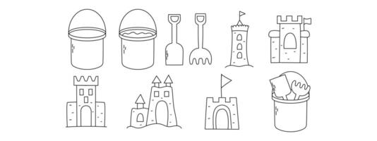 Hand drawn sand bucket, castle and scoop tool vector