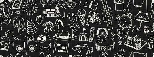 Seamless pattern with daycare doodle elements. Rocket, hopscotch, toys, horse, house, sun and other elements. Scribbled with chalk texture. vector