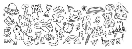 Collection of daycare doodle. Montessori, hopscotch, toys, flower, umbrella, house, book and other elements. vector