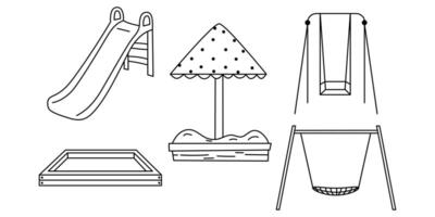 Daycare hand drawn elements. Children playground. Slide, swing, sandbox vector