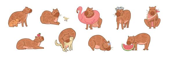 Capybara cute animal vector illustrations set.