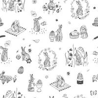 Easter rabbits, eggs and flowers vector line seamless pattern.