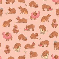 Capybara cute animal vector seamless pattern.