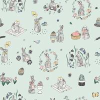 Easter rabbits, eggs and flowers vector seamless pattern.