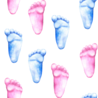 Baby footprints blue and pink feet seamless pattern. Watercolor illustration hand draw isolated png