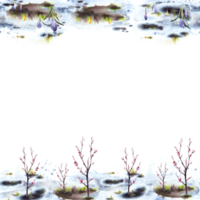 primario plantas flores, azafrán, campanilla de febrero, cierne primavera arboles de cereza, sakura en antecedentes de derritiendo nieve sin costura borde, marco modelo ilustración mano dibujado acuarela paisaje aislado png