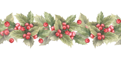 Aquarell Hand zeichnen von rot Stechpalme Blätter Beeren. nahtlos Grenze, Muster Weihnachten, Neu Jahr Dekor png