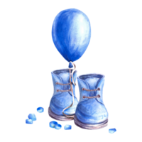 Blue Air ballon with baby shoes, booties Baby boy party hand drawn watercolor illustrations isolated png
