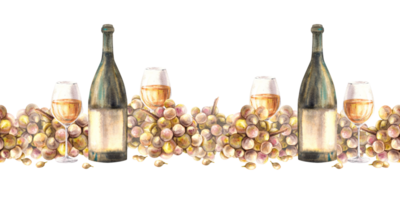 A bottle a glass of white wine with bunch of grapes seamless border Watercolour painted illustration png