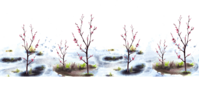 Primary plants flowers, blossoming spring trees of cherry, sakura, apricot, peach on background of melting snow seamless border, pattern illustration. Hand drawn watercolor landscape clipart png