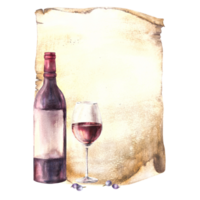 Wine bottle and glass on old papyrus leaf background, menu, wine list. Wine making template. Watercolour hand draw food illustration  for your print of sticker, flyers, drink, card png