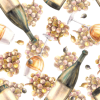 A bottle, glass of wine bunch of grapes, berries. Seamless pattern Watercolour painted illustration png