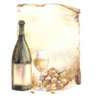 Wine bottle and glass on old papyrus leaf background, menu, wine list. Wine making template. Watercolour hand draw food illustration background for your print of sticker, flyers, drink, card png