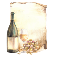 Wein Flasche und Glas auf alt Papyrus Blatt Hintergrund, Speisekarte, Wein Liste. Wein Herstellung Vorlage. Aquarell Hand zeichnen Essen Illustration Hintergrund zum Ihre drucken von Aufkleber, Flyer, trinken, Karte png