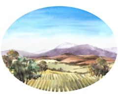 rural paisaje oval etiqueta con uva campos, viñedos, arbustos, árboles, uva planta, azul cielo vinificación granja campo mano dibujar acuarela ilustración aislado póster, pegatina impresión png