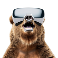 ai gerado sorridente Urso dentro virtual realidade copos, fofa animal retrato bandeira modelo png