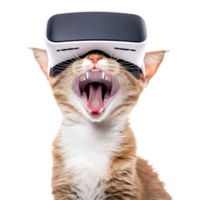 ai generado inmersivo vr experiencia, contento gato en virtual realidad lentes bandera modelo png