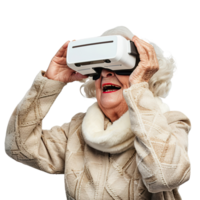 AI generated Happy Elderly in VR Glasses, Immersive Banner Template for Virtual Reality png