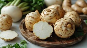 ai generado Fresco jicama pachyrhizus erosus o batata frijol en blanco mesa foto