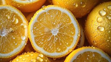 AI generated Pile of lemon slices with fresh water drops. photo