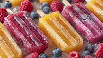 AI generated Fresh fruit popsicles on a white table. fruit popsicles, kiwi, strawberry, orange. Sweet desert background. photo