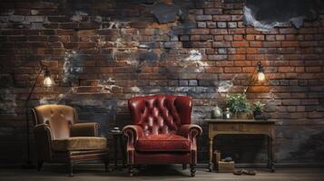 AI generated Industrial backdrop. Empty room with leather sofa and a brick wall behind it. photo