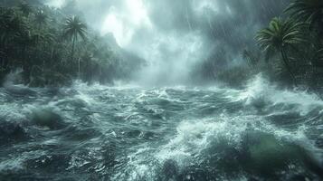 ai generado un tornado tormenta en un tropical Oceano acompañado por pesado lluvia y fuerte vientos foto