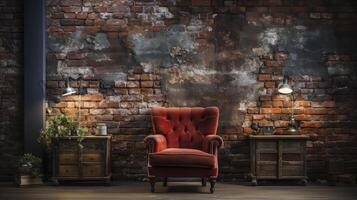 AI generated Industrial backdrop. Empty room with leather sofa and a brick wall behind it. photo