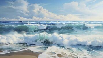 AI generated Beautiful blue ocean waves on clean sandy beach background. Summer vacation illustration concept. photo