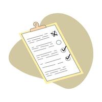 Clipboard with checklist on a white sheet of paper with green tick marks. Check list, to do, questionnaire concept. Document on the table. Top view. Minimalist isolated flat vector illustration